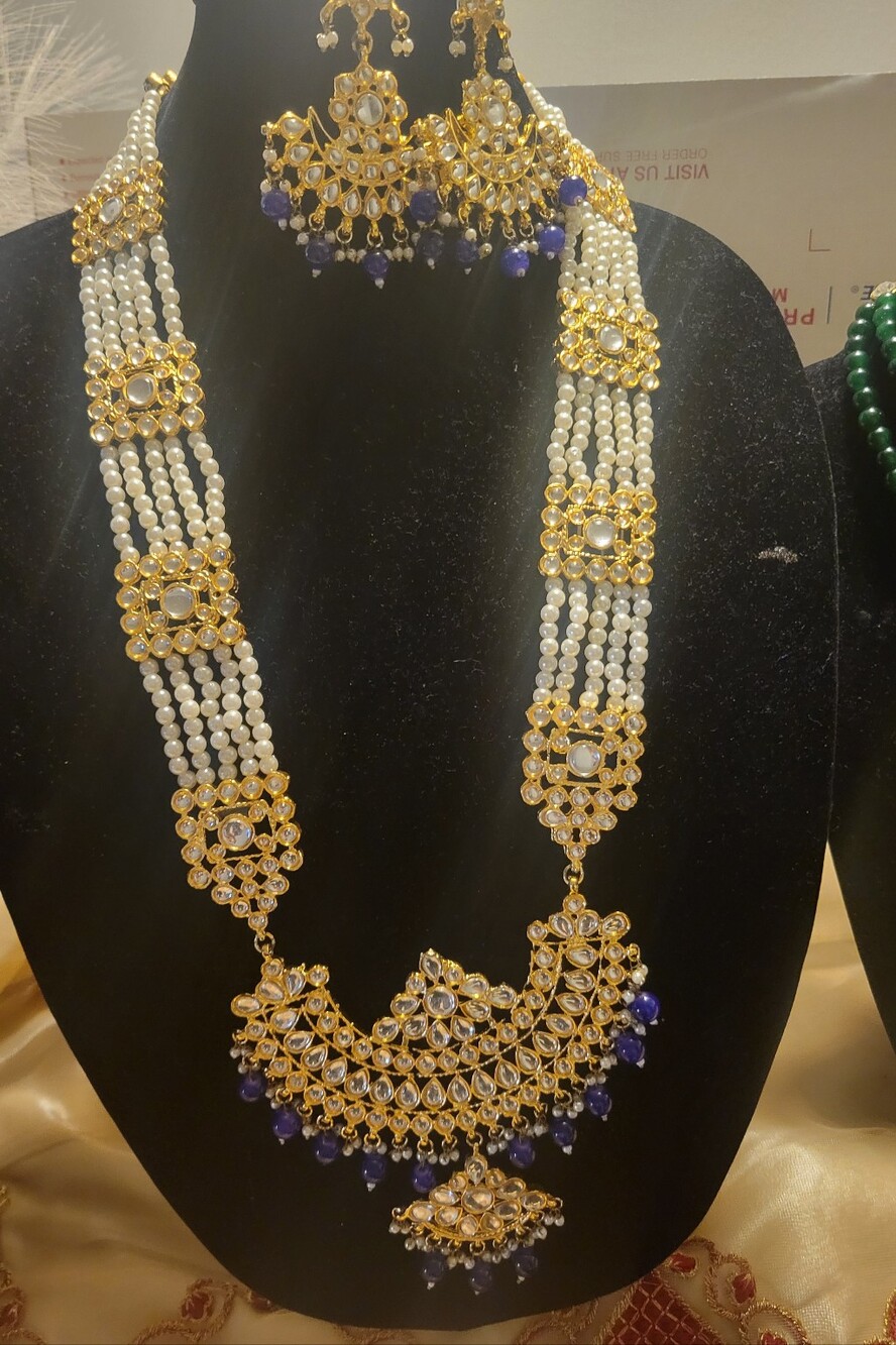 Elegant Gold & White Pearl Necklace Set with Blue Accents